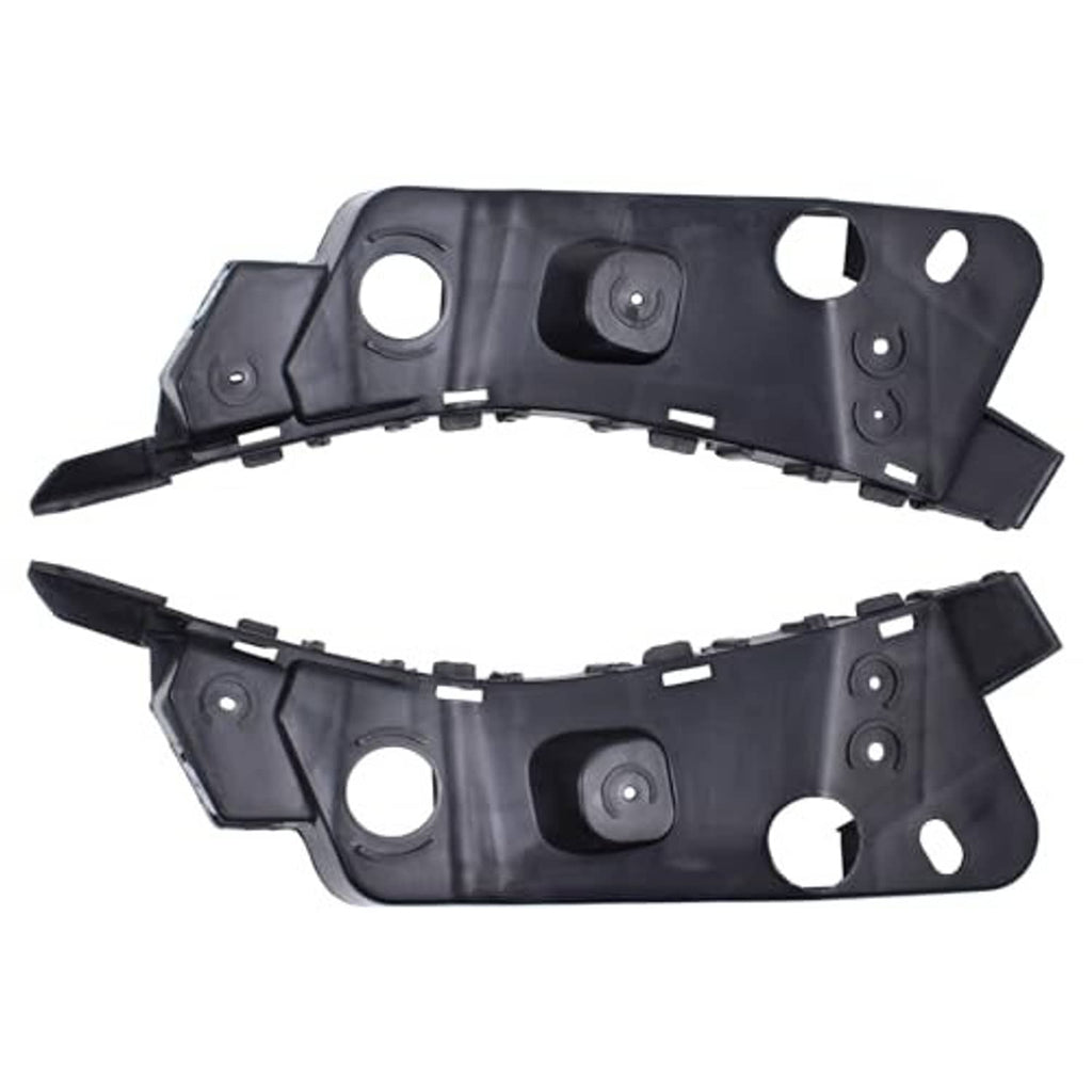 Front bumper fender holder bracket set, black plastic with tabs and round openings