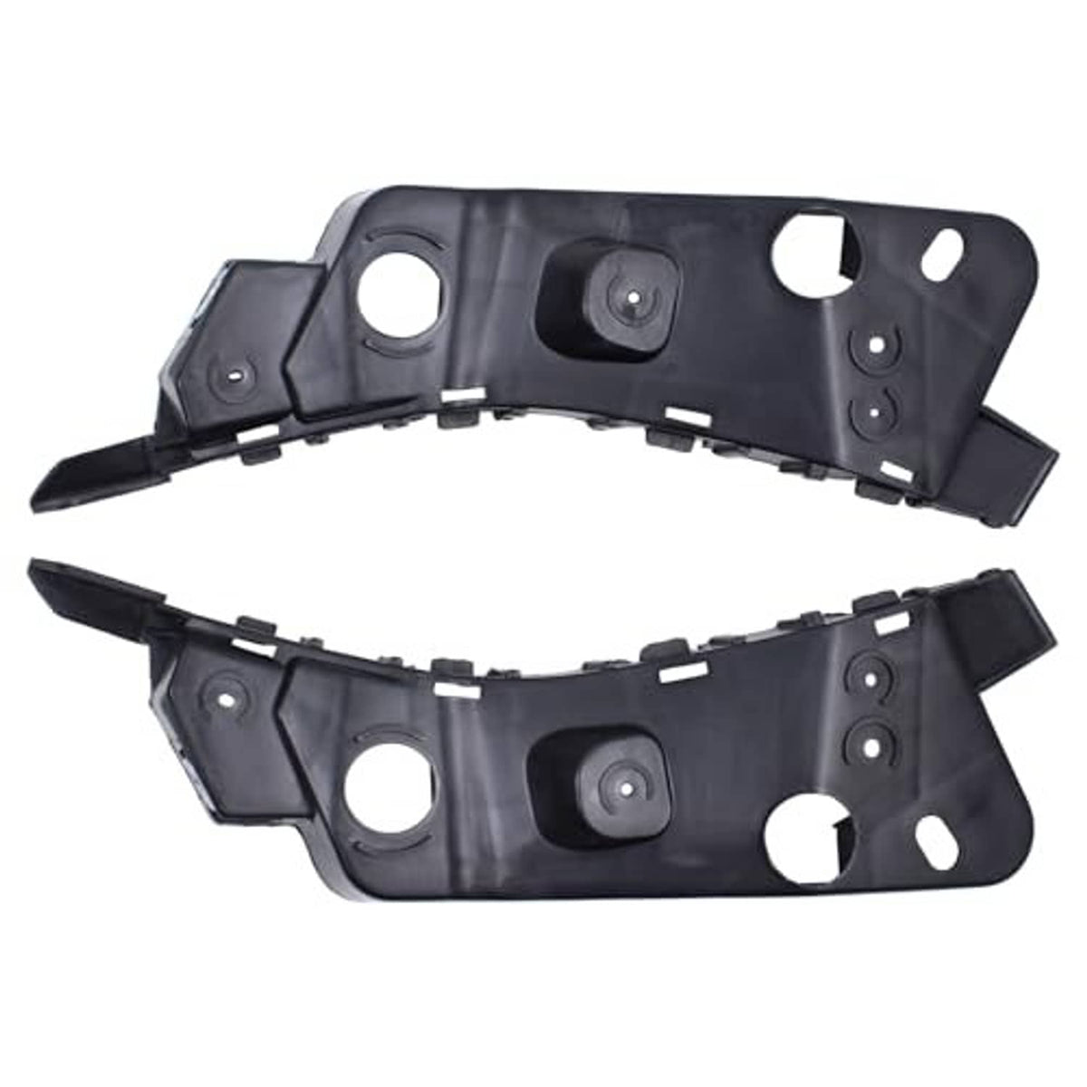 Front bumper fender holder bracket set, black plastic with tabs and round openings