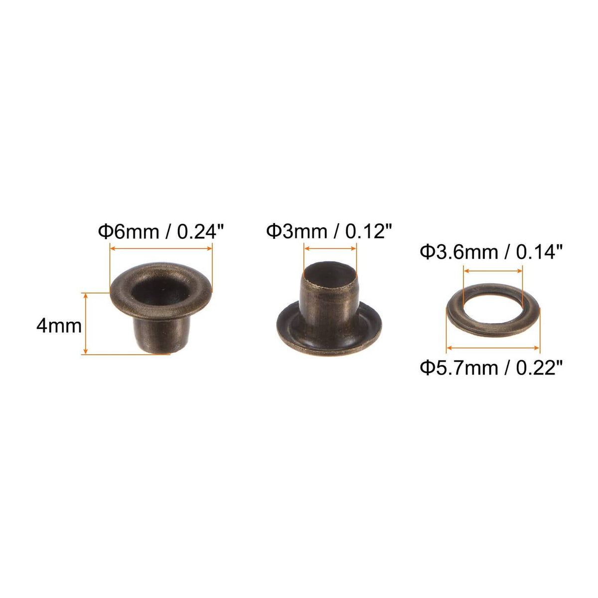 Bronze grommet eyelets with metal rings and snap-in caps (size diagram)