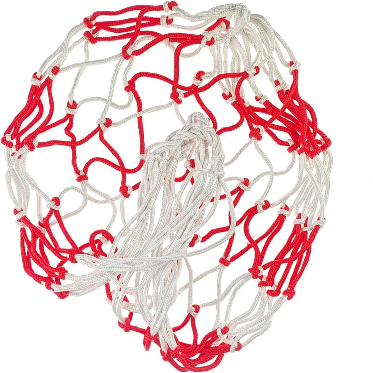 Carboy carrier strap, white net with red rope knots and looped webbing.