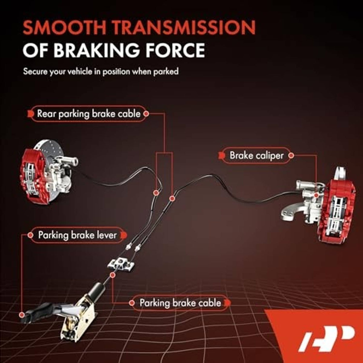Parking brake cable system diagram showing lever, cable, and brake caliper connections