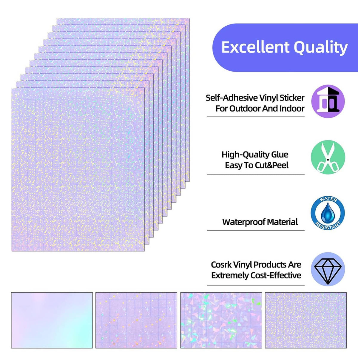 Transparent holographic laminate vinyl sheets with iridescent sparkle, self-adhesive