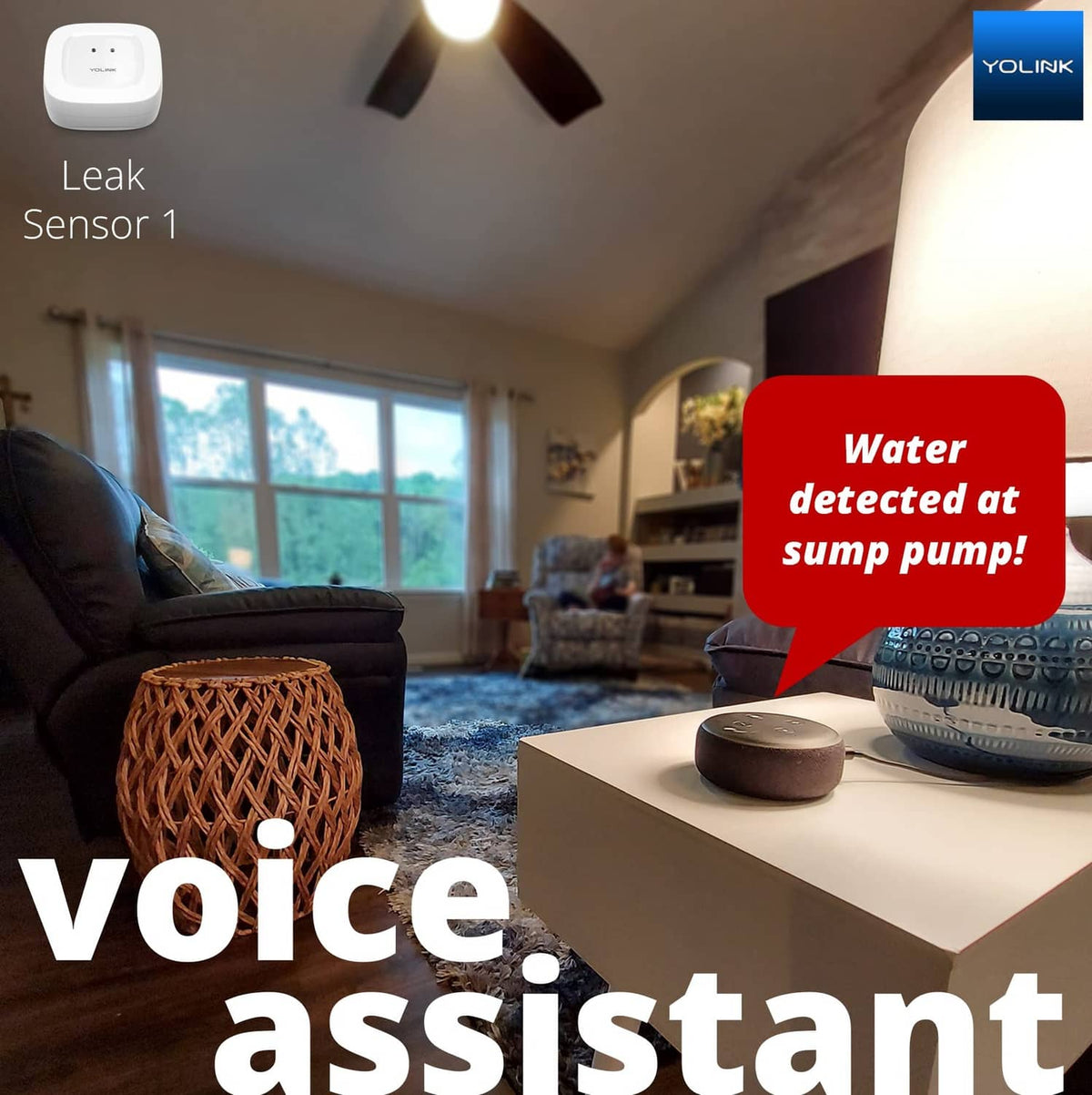 YoLink white leak sensor with voice assistant alert for water detected at sump pump