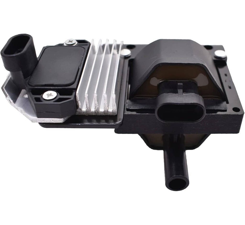 Black ignition coil module with wiring connectors and metal heat sink fins