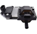 Black ignition coil module with wiring connectors and metal heat sink fins