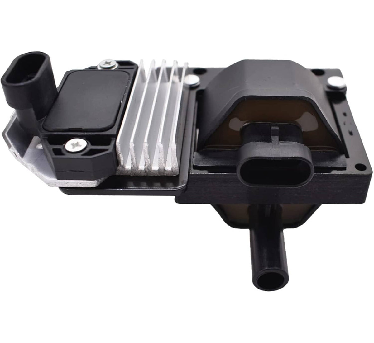 Black ignition coil module with wiring connectors and metal heat sink fins