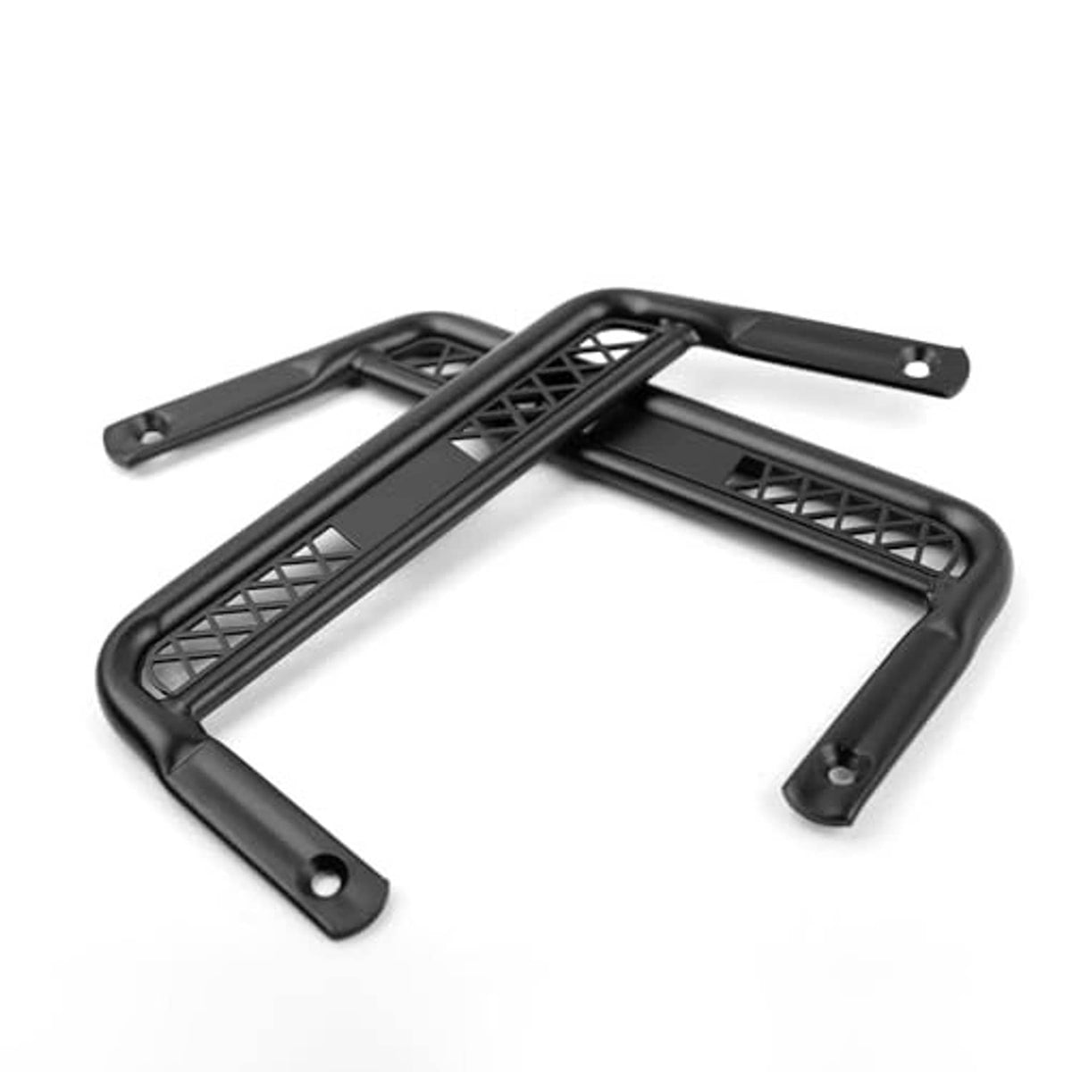 Motorcycle extended footpegs, black steel frames with crosshatch grip surfaces