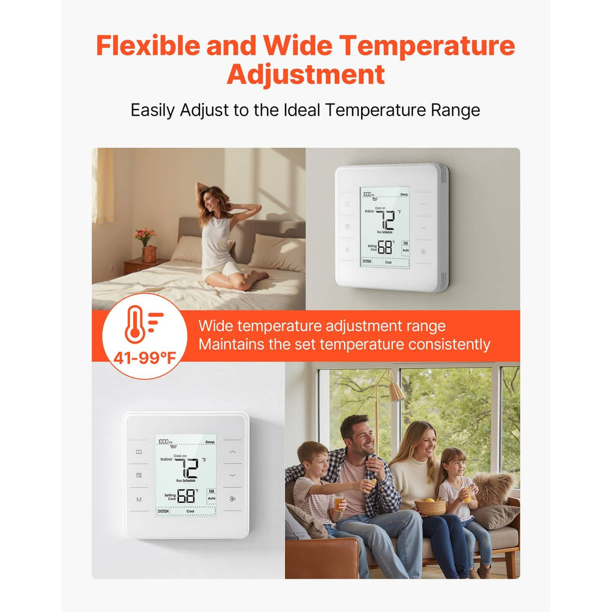White programmable thermostat featuring a wide temperature adjustment control panel