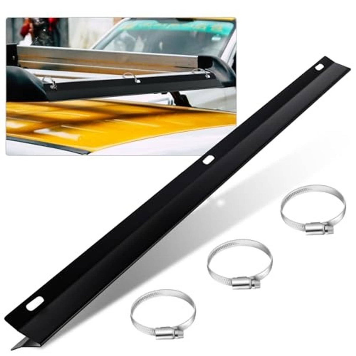 Black roof rack wind deflector bar and 3 ring clamps