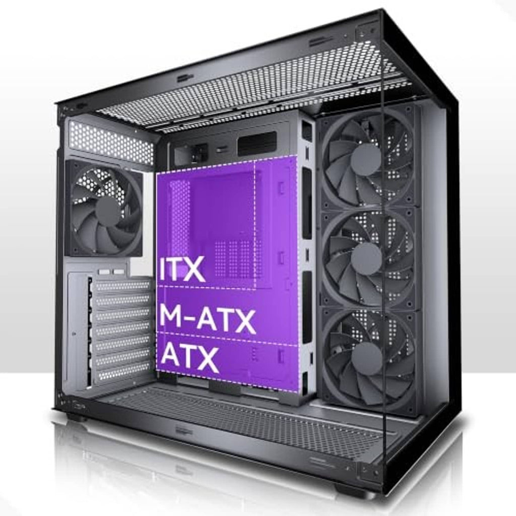 Black PC tower case with mesh front, four non-LED fans, and open interior bay