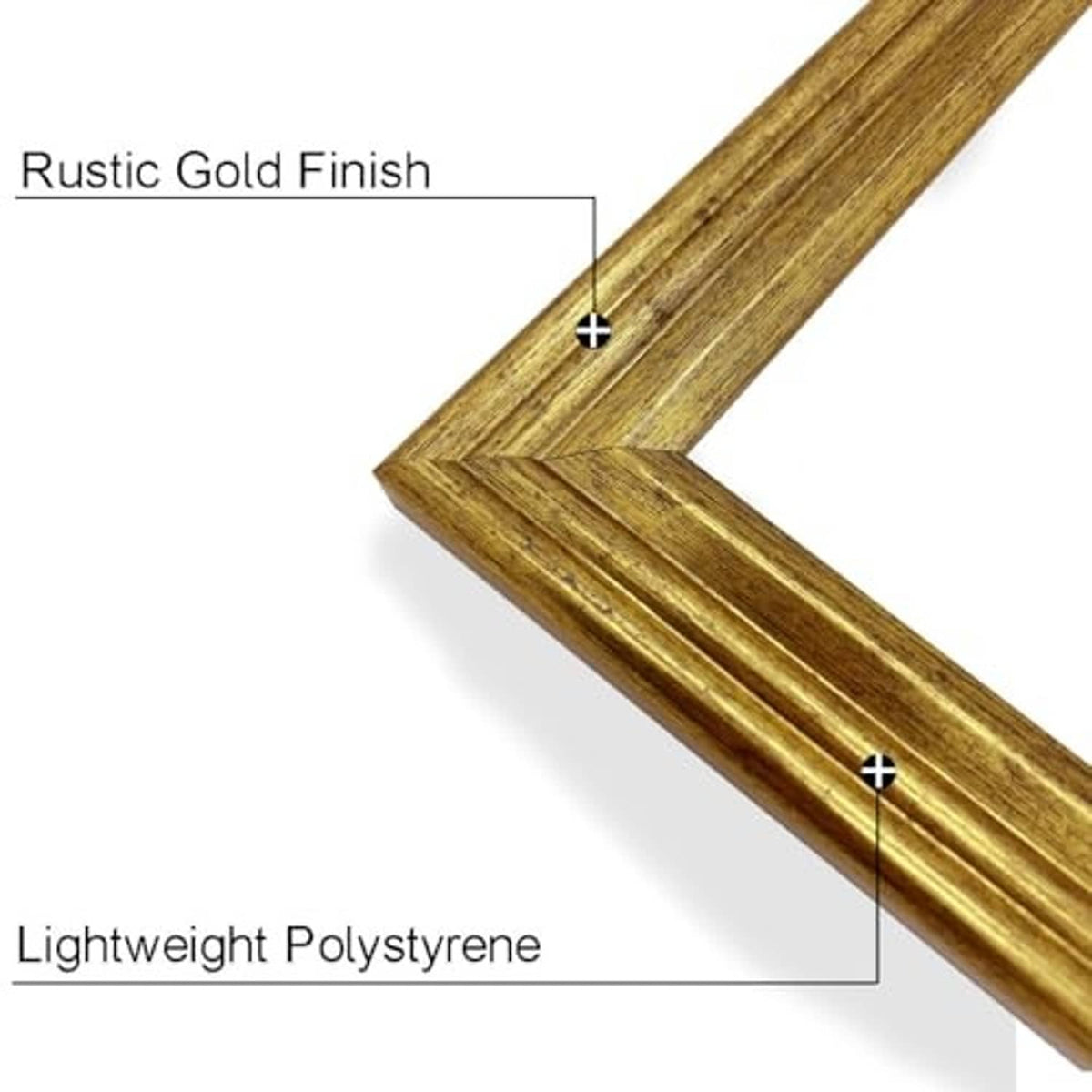 Rustic gold frame corner detail with lightweight polystyrene construction shown.