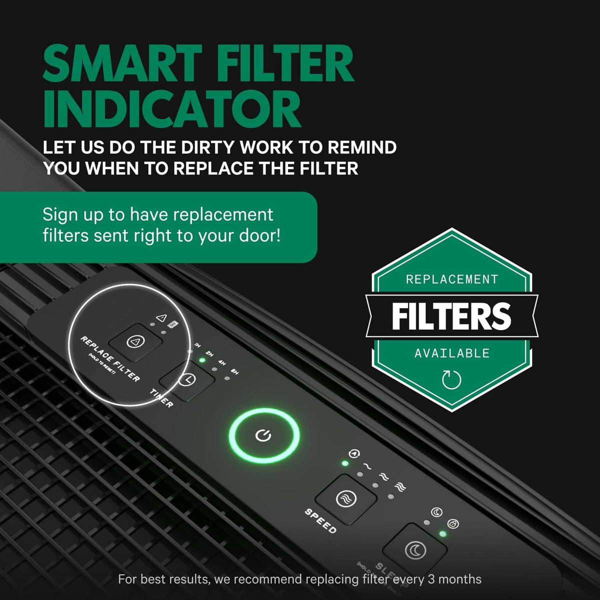 Black air purifier top panel with filter change indicator lights and glowing power button.