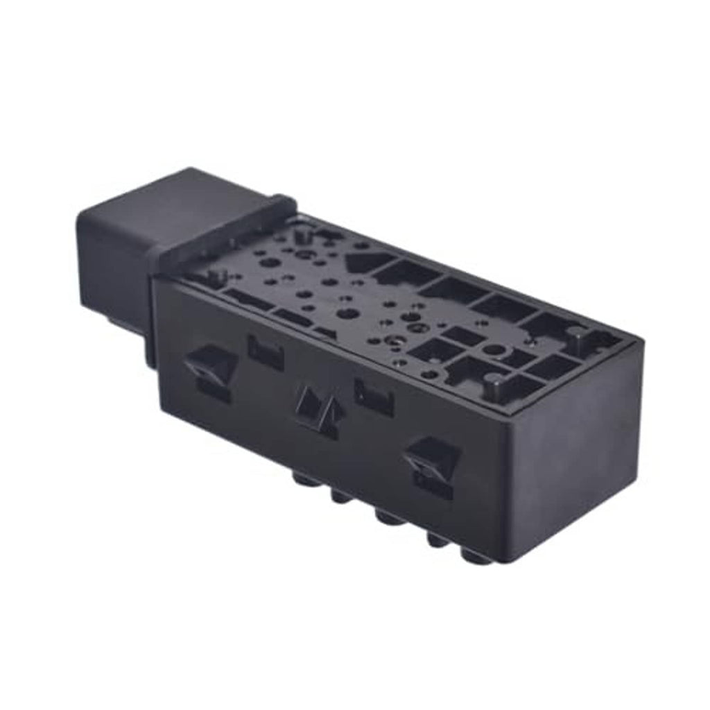 Black power seat switch module side panel with molded channels and input cutouts