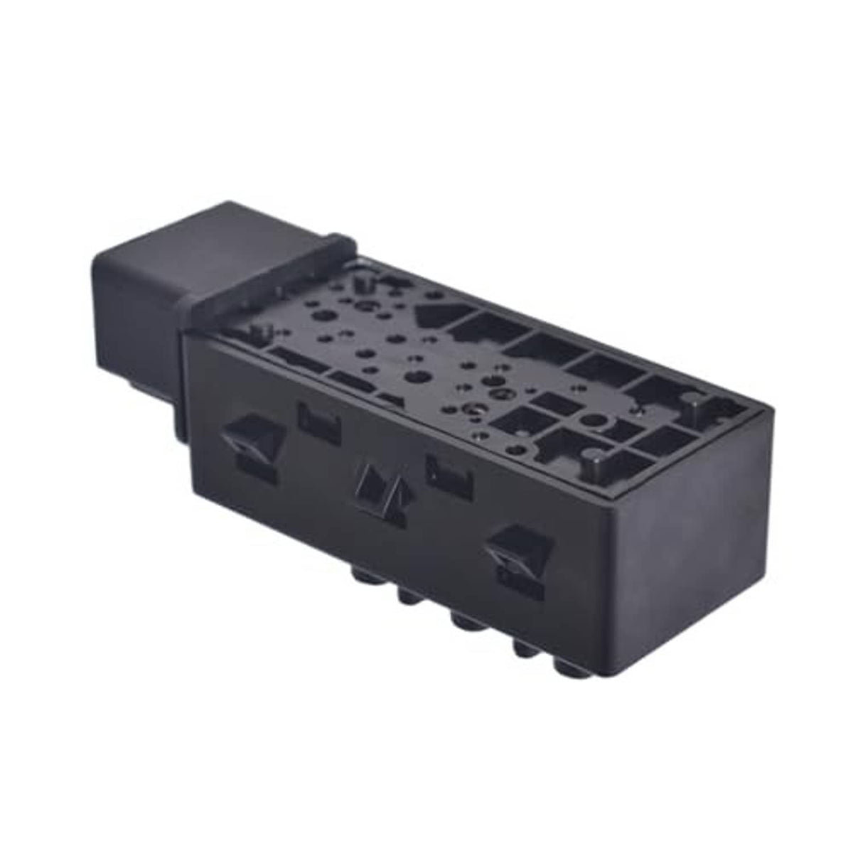 Black power seat switch module side panel with molded channels and input cutouts