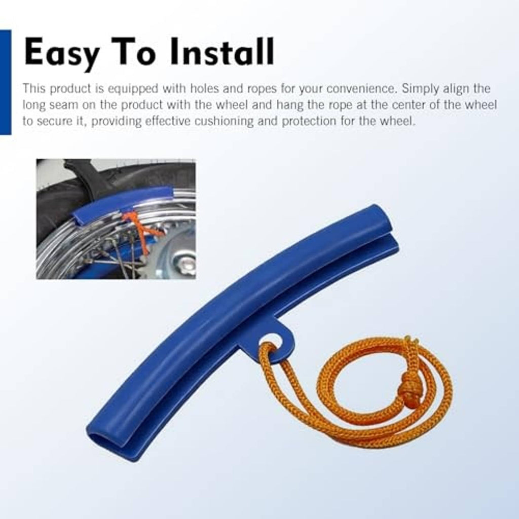 Blue tire rim protector bar with orange rope cord for easy installation
