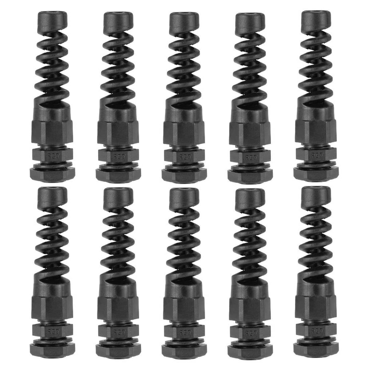 Waterproof nylon cable glands with black threaded bodies and sealing ends