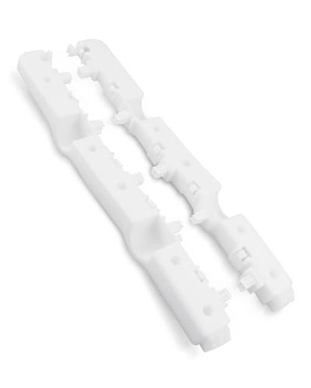 Two white plastic bumper support brackets, left and right, angled view