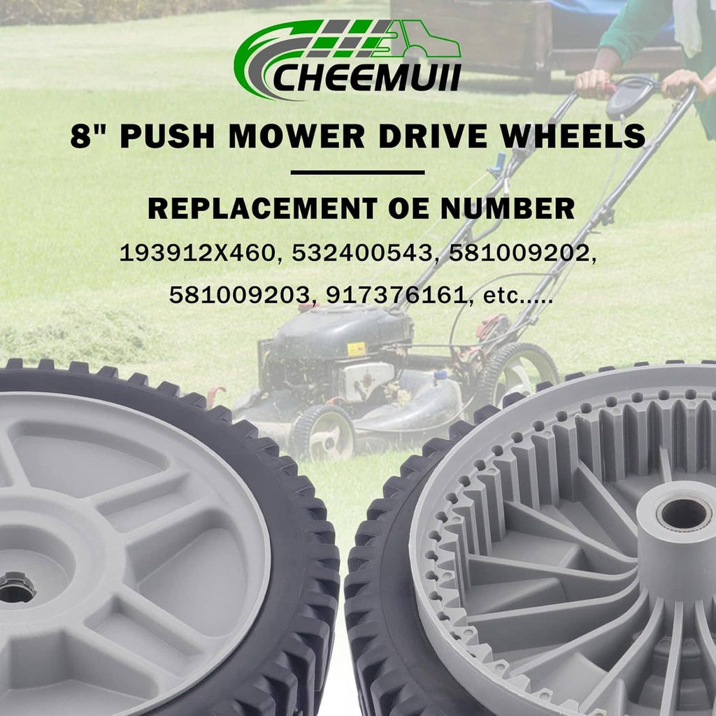 Two push mower drive wheels with gray hubs and black rubber tires