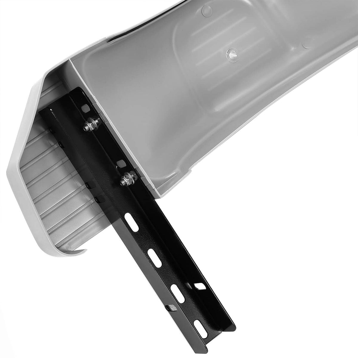 Gray trailer fender with step platform and black support bracket