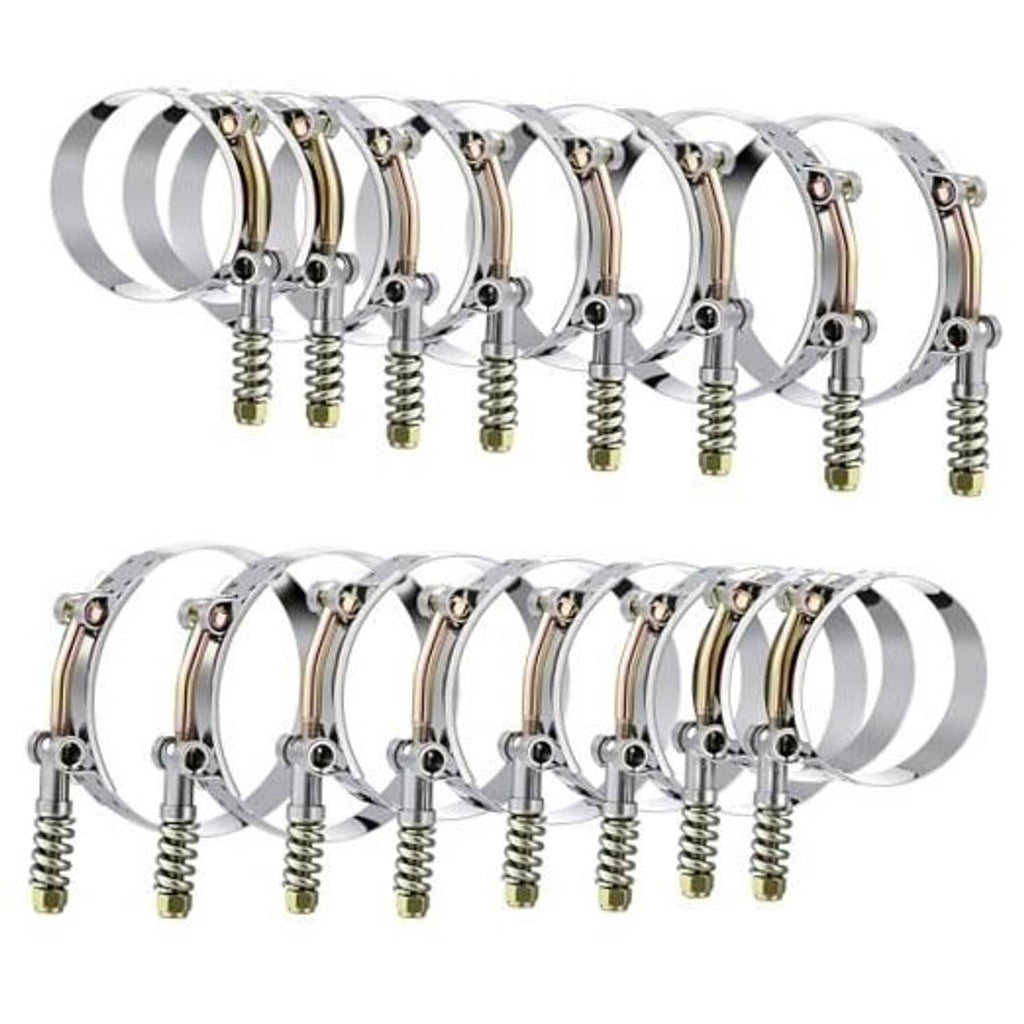 Stainless steel T-bolt hose clamps set with reinforcement springs, 16-pack