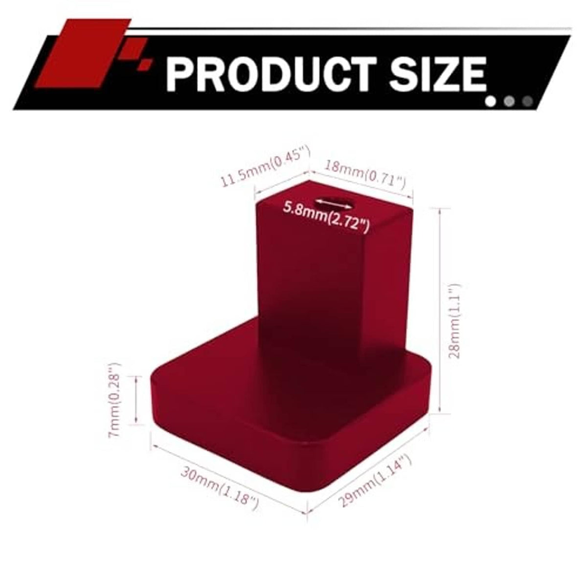 Red hood release handle bracket with size outline measurements