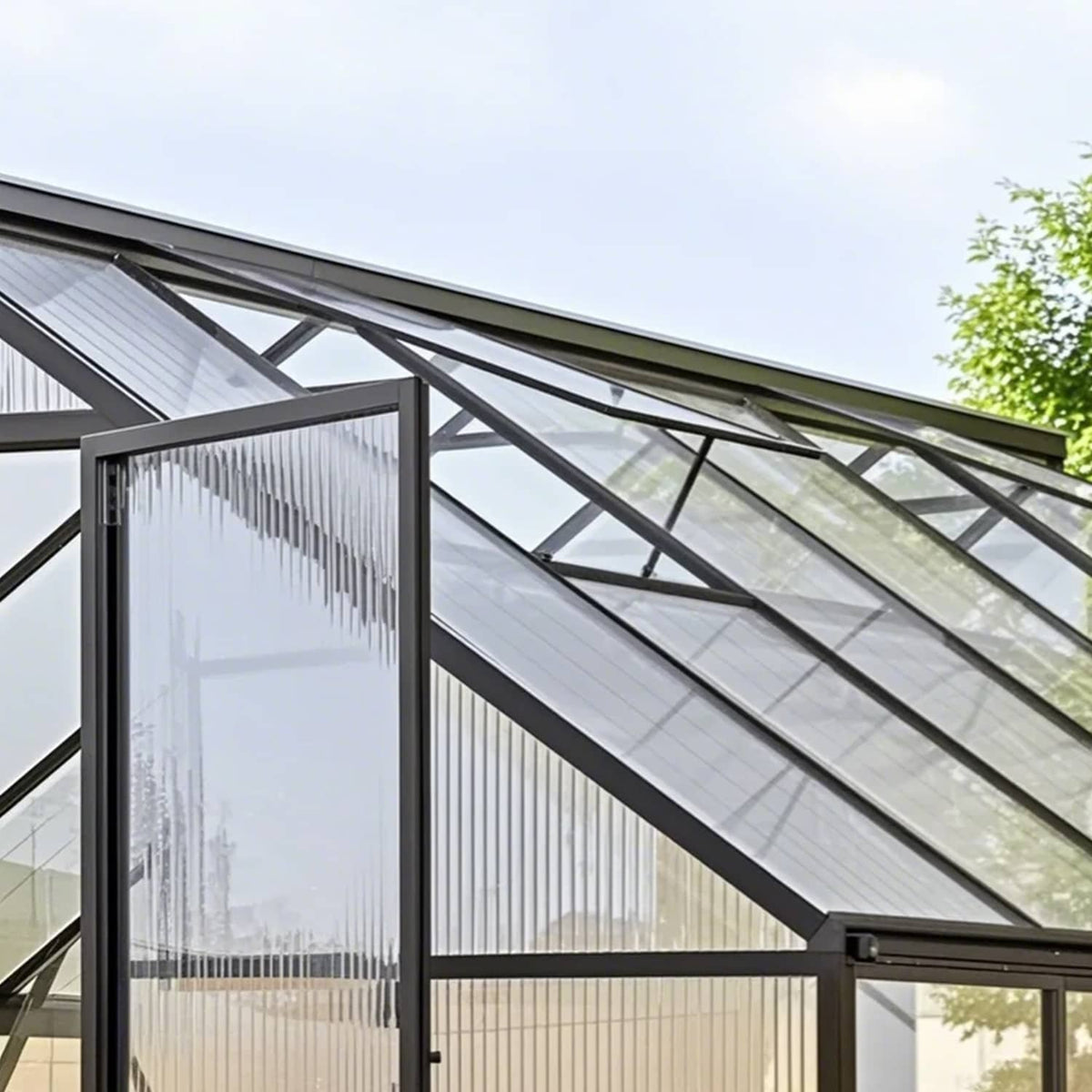 Greenhouse roof with clear polycarbonate panels and metal frame rafters