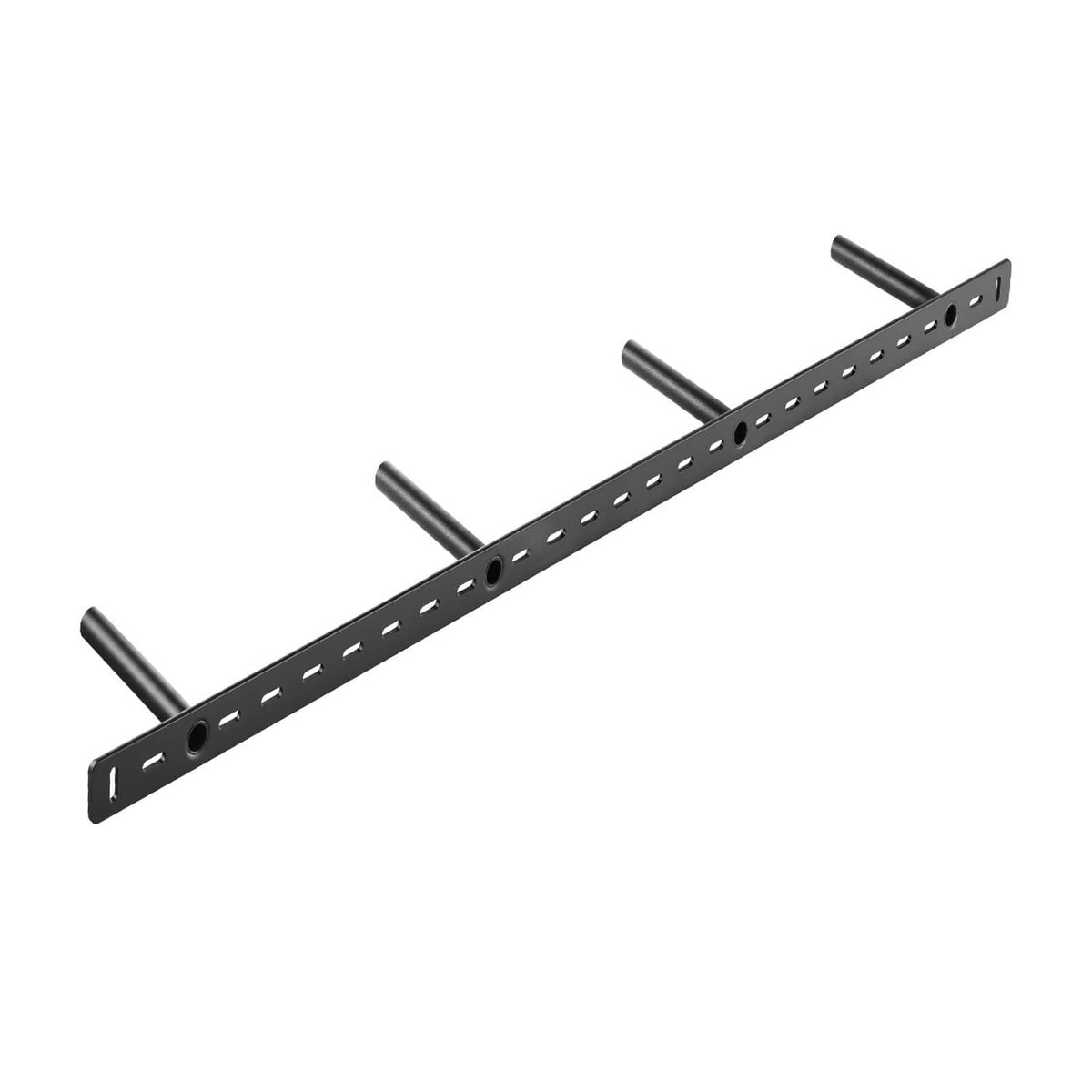 Floating shelf bracket rail with side mounting brackets and perforated hole pattern, black
