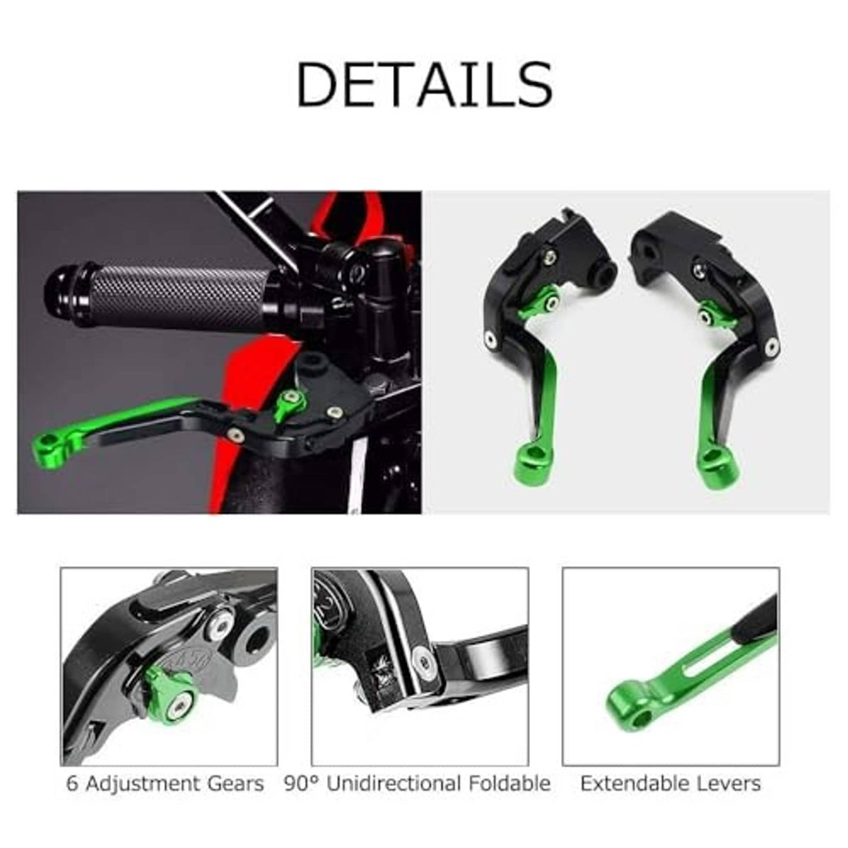 Adjustable lever details showing green levers, adjustment gears, and extendable design