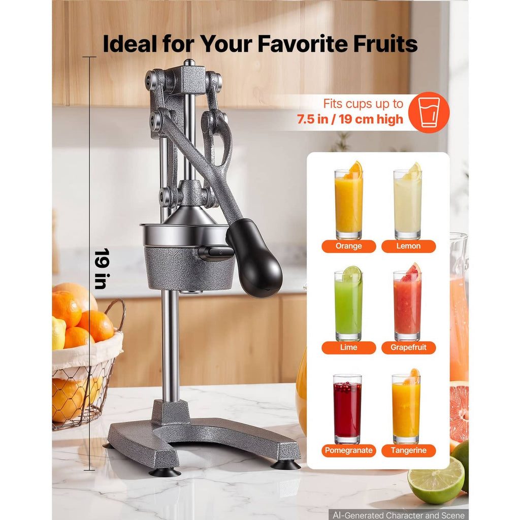 Manual citrus juicer with tall frame and press lever, silver-gray, small-cup fit