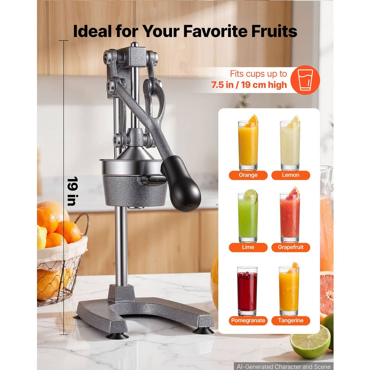 Manual citrus juicer with tall frame and press lever, silver-gray, small-cup fit