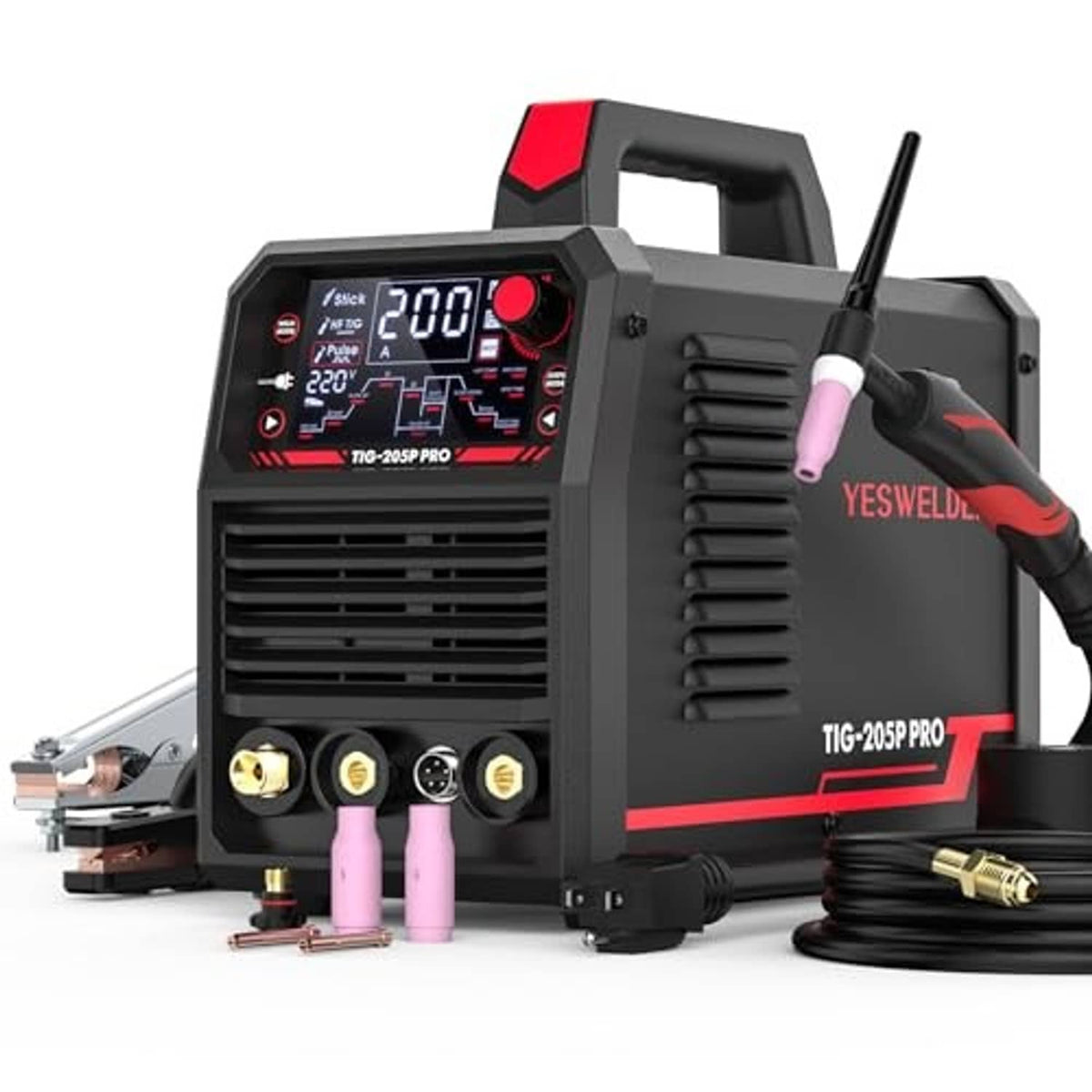 Pulsed TIG welder front view with large LED display and connected TIG torch