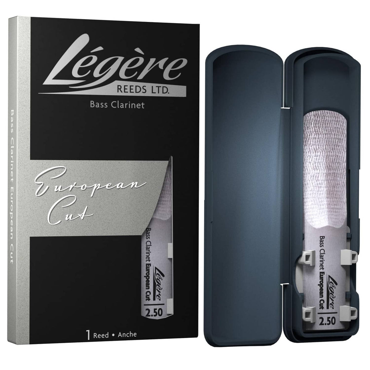 Bass clarinet synthetic reed pack with dark case and visible reed inside