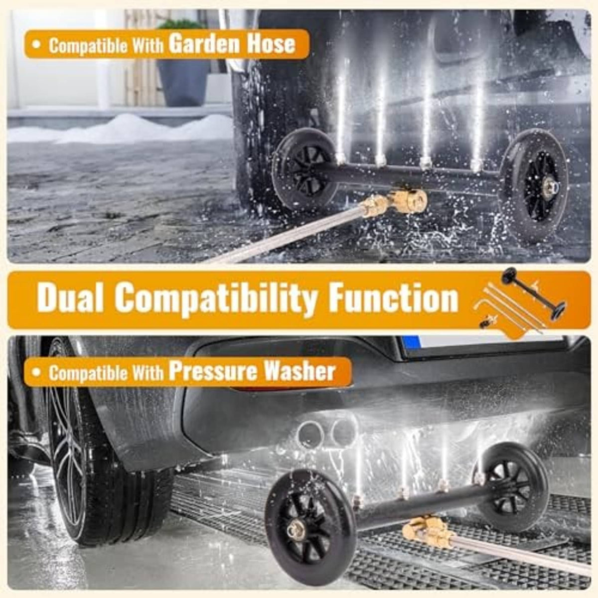 Undercarriage pressure washer attachment with dual compatibility function and black wheel sprayer bar
