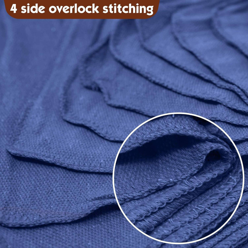 Close-up of blue shop towel fabric with side overlock stitching detail