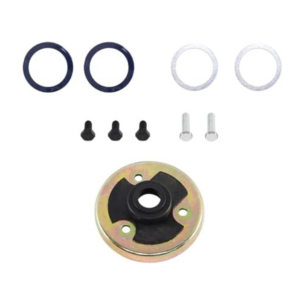 Manual transmission shift re-build kit: metal plate with black bushing, blue rings, and seals
