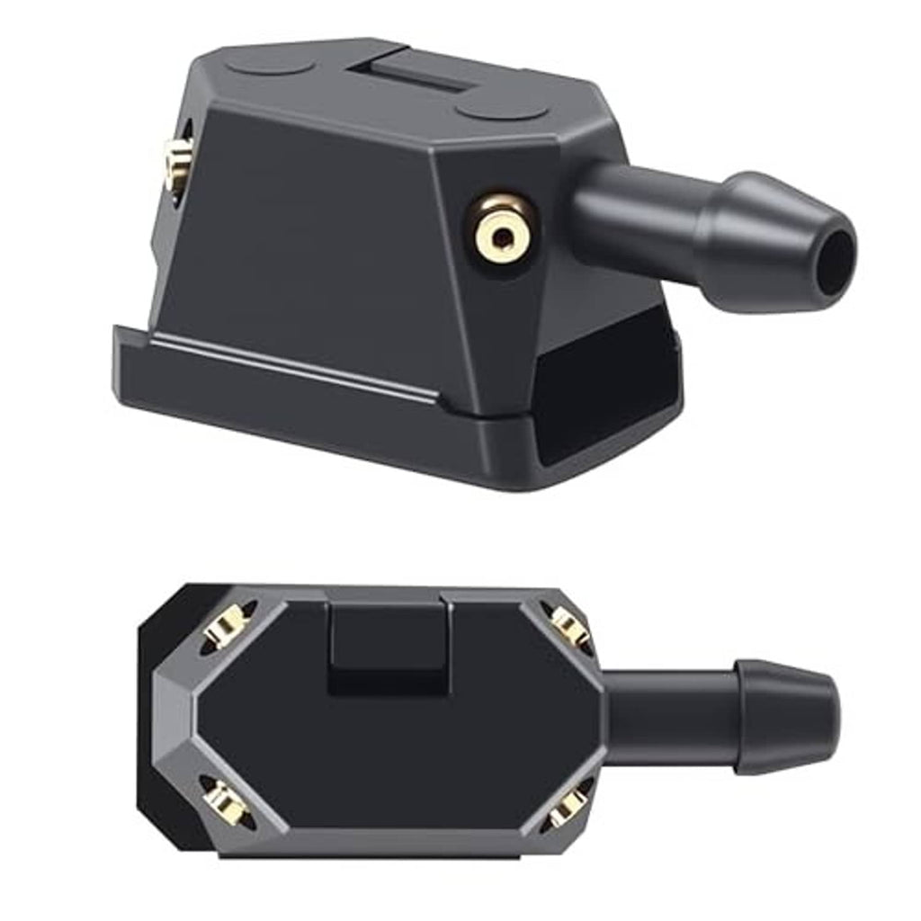 Universal windshield washer nozzle arm, black 9mm nozzle jet pair, front angled view.