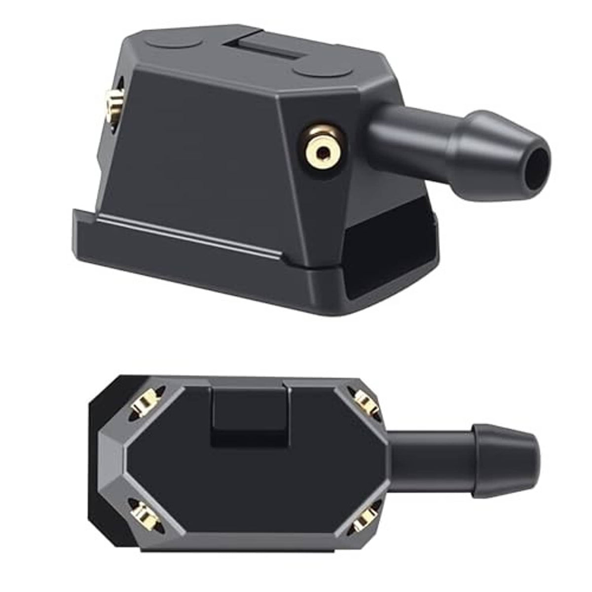 Universal windshield washer nozzle arm, black 9mm nozzle jet pair, front angled view.