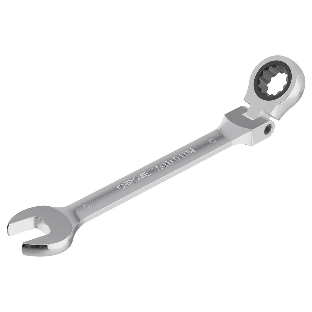 6mm flex-head ratcheting combination wrench with 12-point box end, silver