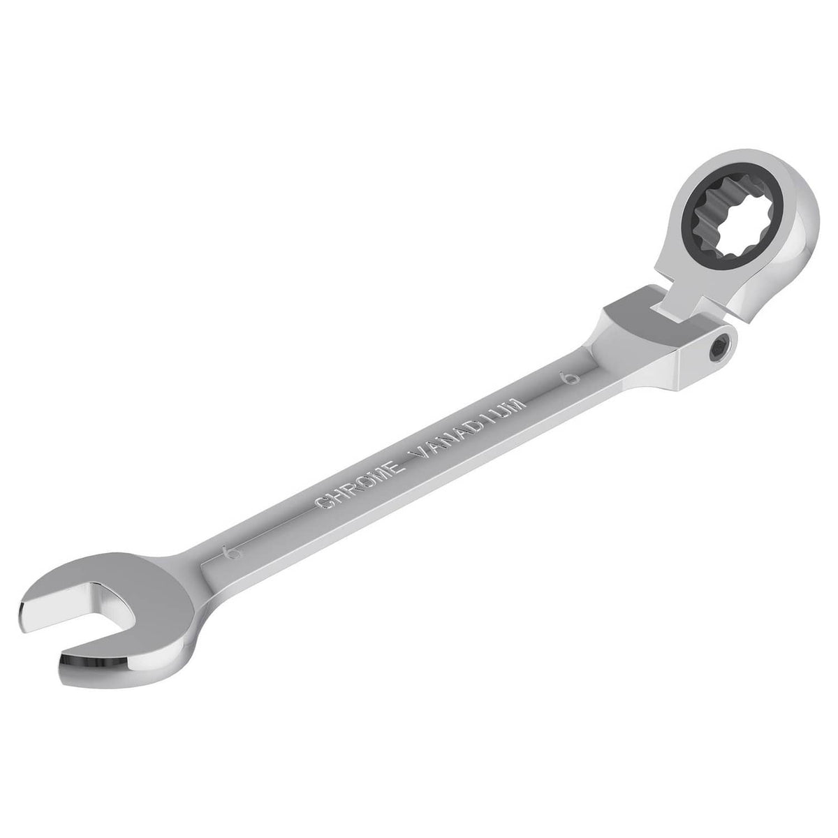 6mm flex-head ratcheting combination wrench with 12-point box end, silver