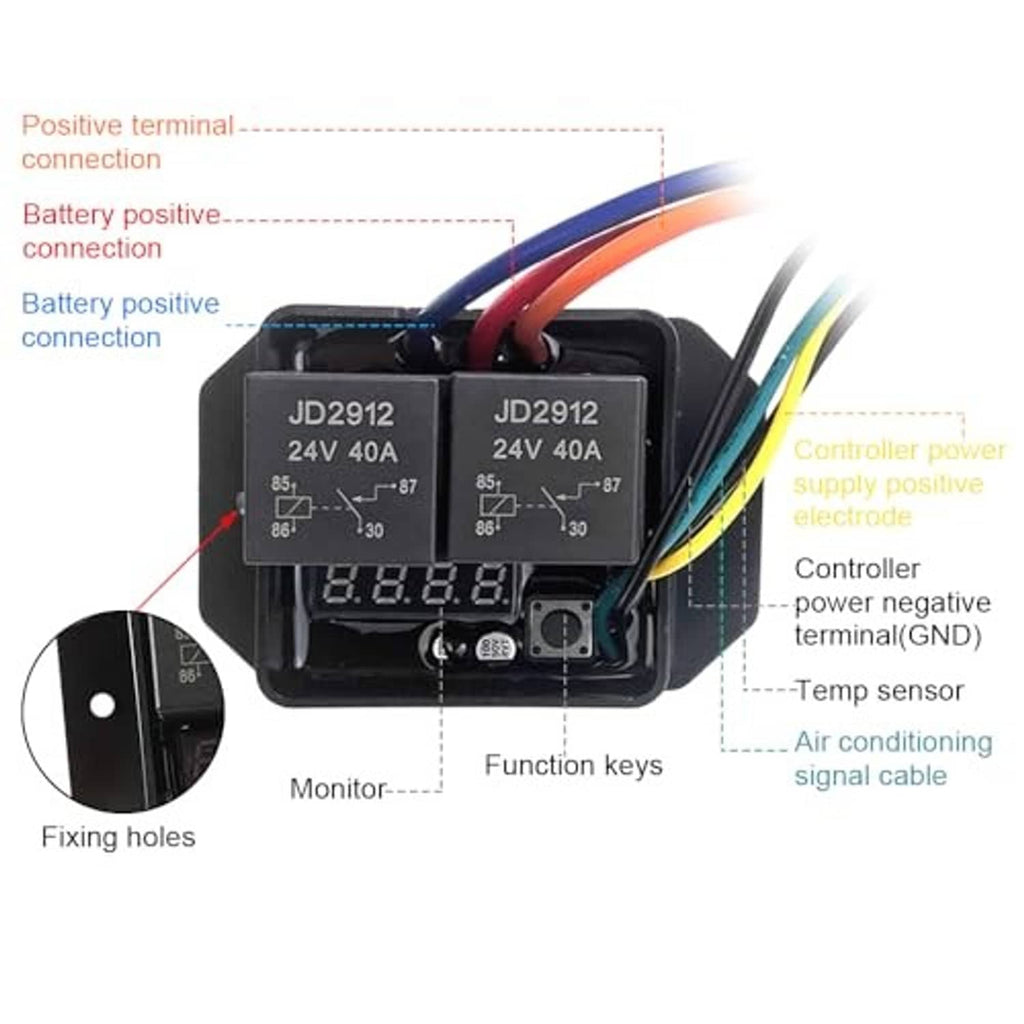 Radiator fan controller module with dual relay blocks, monitor screen, and temp sensor lead