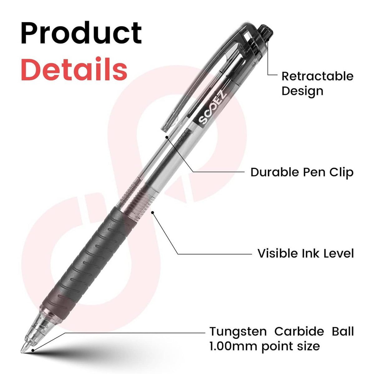 Black retractable ballpoint pen with clip and visible ink level