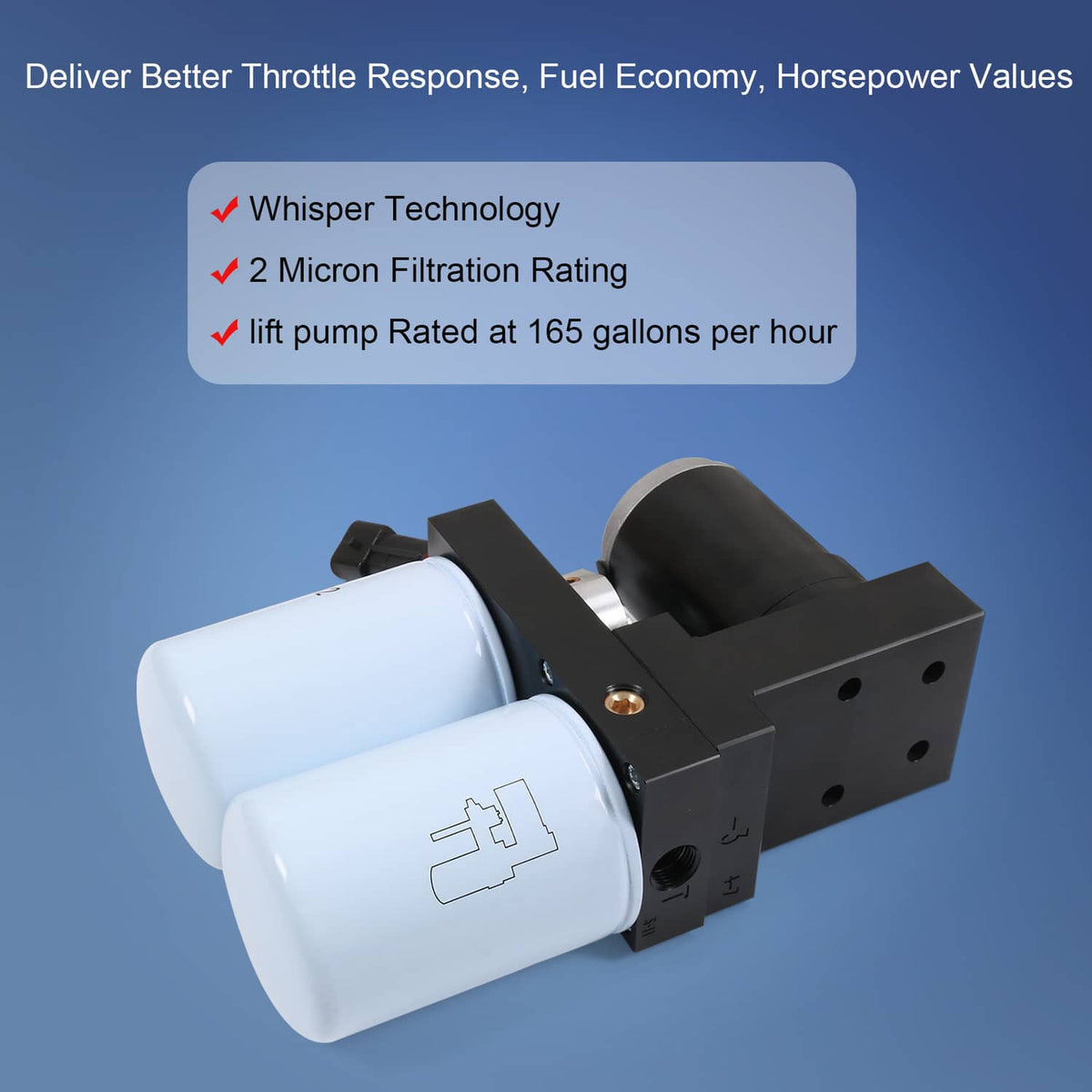 Diesel fuel lift pump system close-up with white canister and black mounting bracket