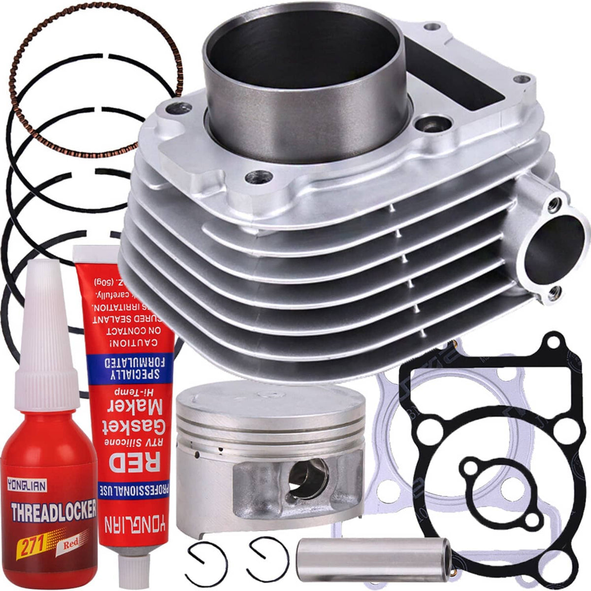 ATV cylinder and piston rebuild kit with piston rings, head gasket, and sealant