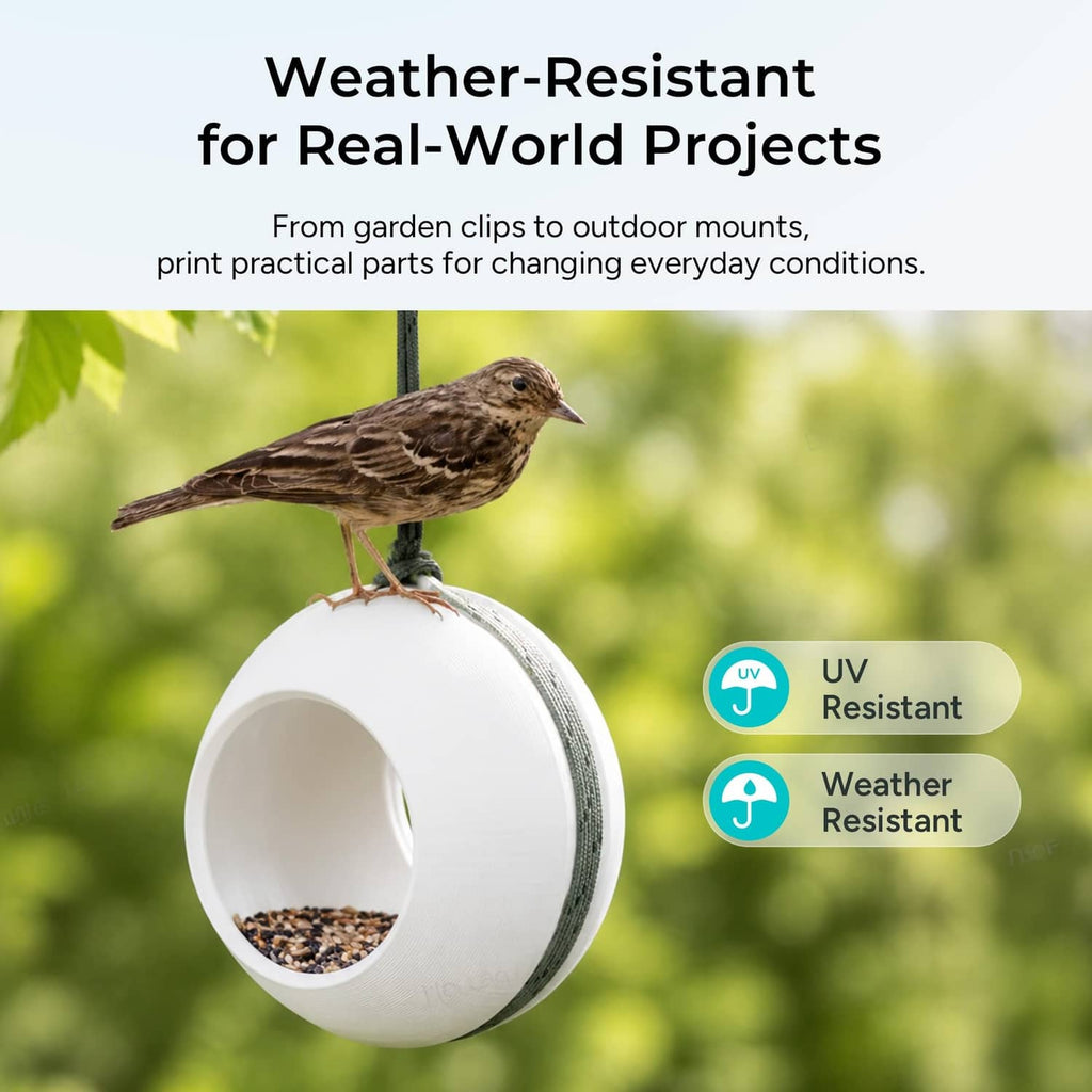 White 3D-printed bird feeder with UV-resistant and weather-resistant labels