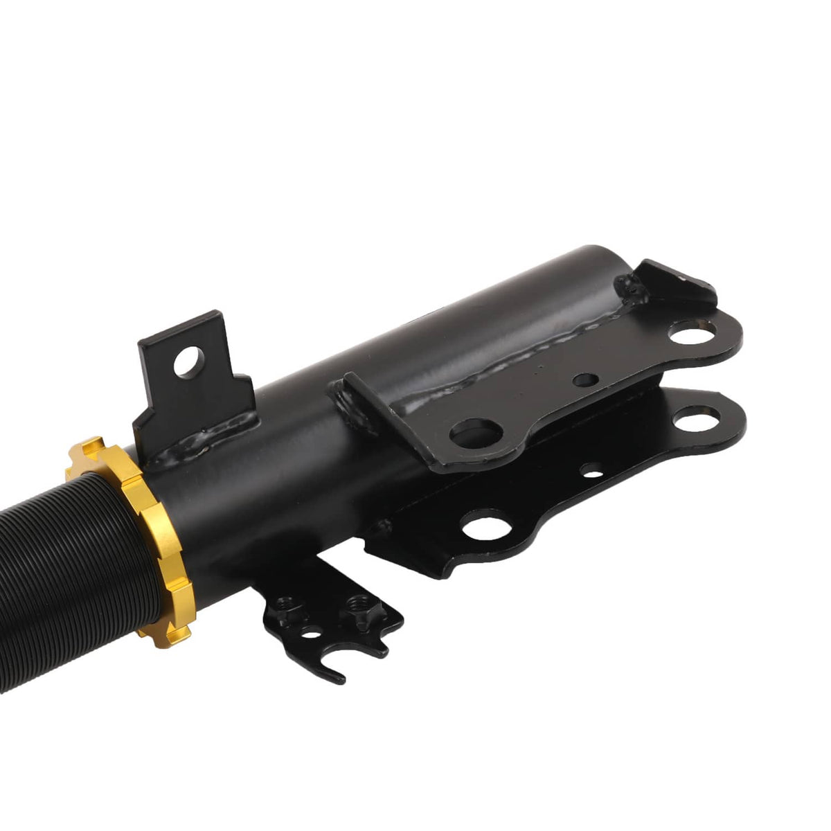 Coilover strut housing with black mount, gold adjustment ring, and spring perch