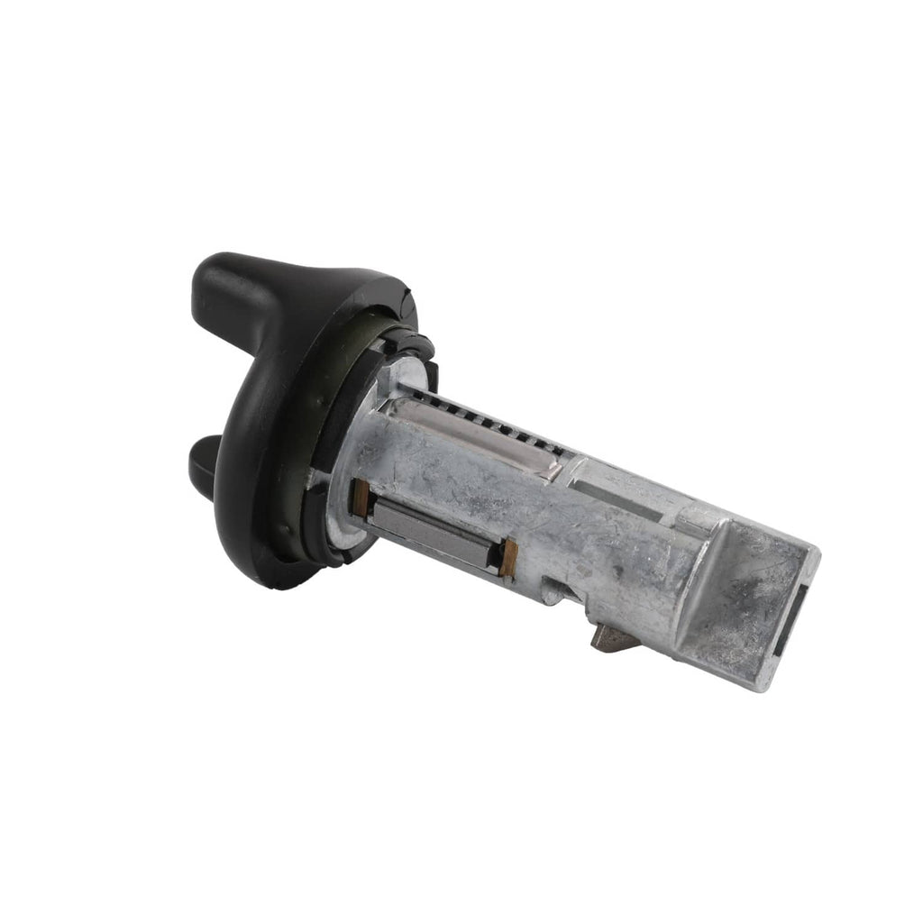 Ignition key switch cylinder with black housing and silver barrel, angled view