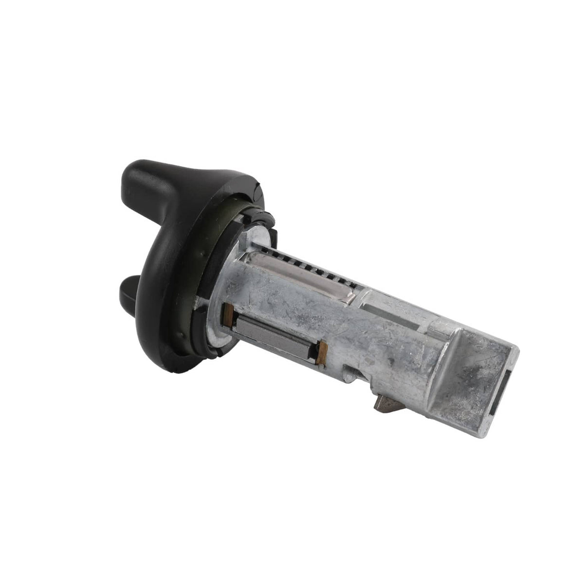 Ignition key switch cylinder with black housing and silver barrel, angled view