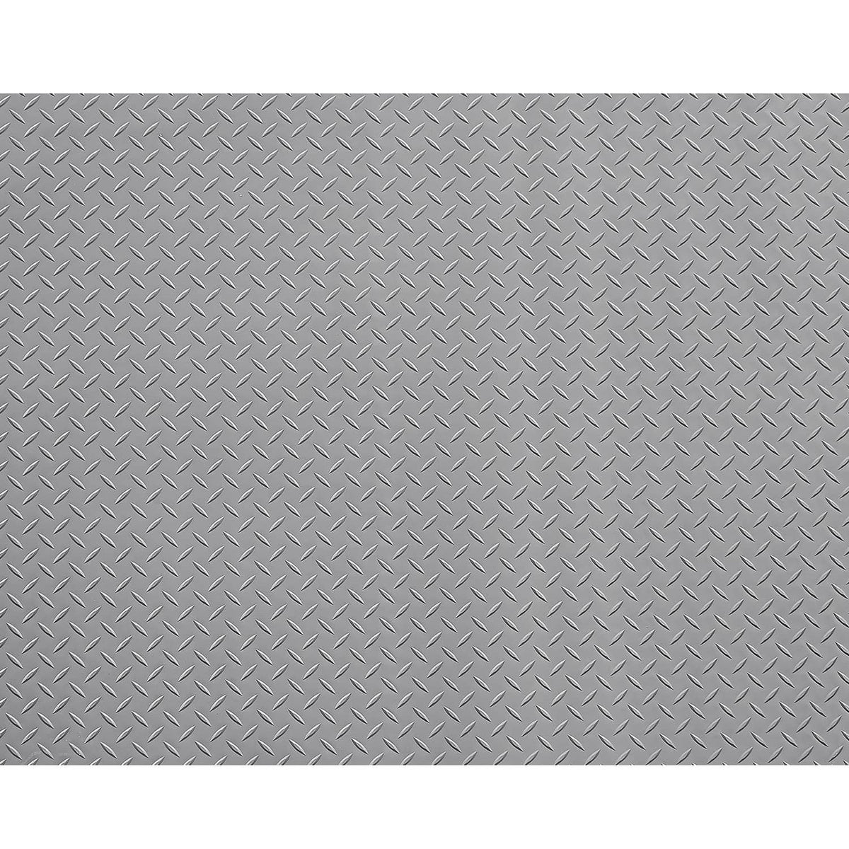 Close-up of silver gray PVC diamond-plate texture on a garage floor mat surface.