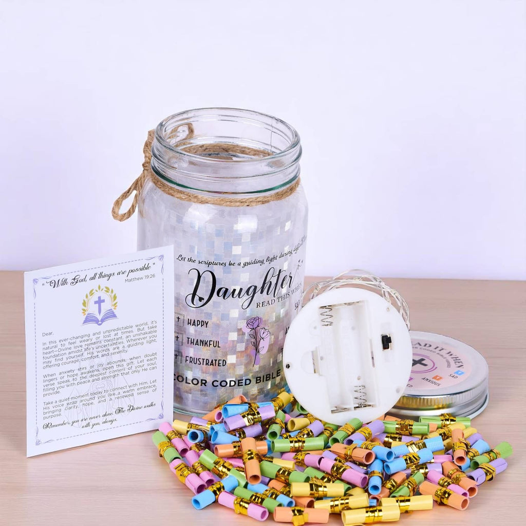 Clear glass mason jar with warm LED light, “Daughter” verse card and colorful capsules