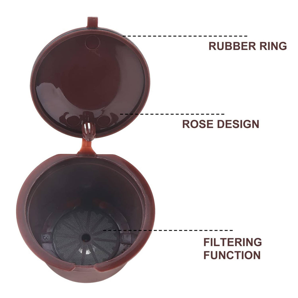 Dark brown reusable coffee capsule open view showing rubber ring and filter base